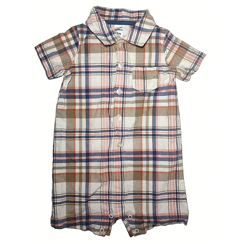 Carter's Collared Outfit Lot 18 Mos Stripe Plaid‎ Beige White Blue Cotton Romper